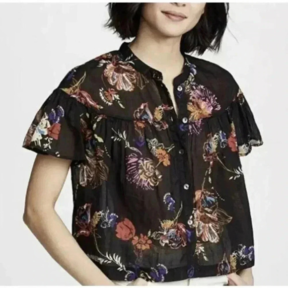 Free People Sweet Escape Tropical Floral Flutter Blouse Cropped Top Size XS - Picture 1 of 10
